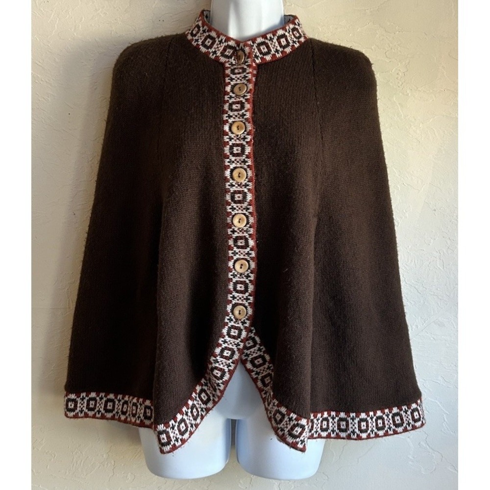 Vintage 60s 70s Rosanna Sweater Cape Shawl O/S Brown Bohemian Button Wrap‎
